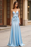 Sky Blue Strapless Satin Long Prom Dress with Bow