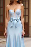 Sky Blue Strapless Satin Long Prom Dress with Bow