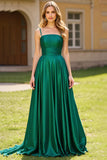 Dark Green Spaghetti Straps A Line Pleated Long Prom Dress