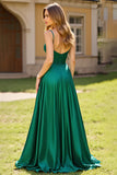 Dark Green Spaghetti Straps A Line Pleated Long Prom Dress