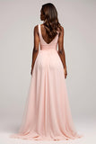 A Line Pink Ruched V-Neck Long Prom Dress with Slit