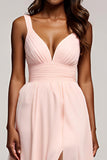 A Line Pink Ruched V-Neck Long Prom Dress with Slit