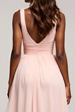 A Line Pink Ruched V-Neck Long Prom Dress with Slit