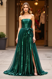 Metallic Dark Green Strapless Bow Ruched Long Prom Dress with Slit
