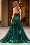 Metallic Dark Green Strapless Bow Ruched Long Prom Dress with Slit