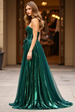 Metallic Dark Green Strapless Bow Ruched Long Prom Dress with Slit