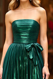 Metallic Dark Green Strapless Bow Ruched Long Prom Dress with Slit