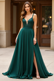 Dark Green V-Neck Lace A Line Long Prom Dress with Slit
