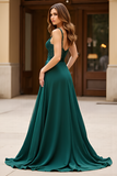 Dark Green V-Neck Lace A Line Long Prom Dress with Slit