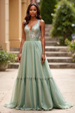 Glitter A Line Dusty Sage V-Neck Ruched Long Prom Dress with Sequins
