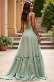 Glitter A Line Dusty Sage V-Neck Ruched Long Prom Dress with Sequins