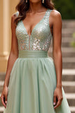 Glitter A Line Dusty Sage V-Neck Ruched Long Prom Dress with Sequins
