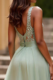 Glitter A Line Dusty Sage V-Neck Ruched Long Prom Dress with Sequins