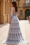 Grey V Neck Tiered A Line Pleated Long Prom Dress with Slit