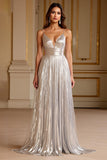 Metallic Glitter V-Neck Pleated A Line Long Prom Dress