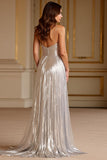Metallic Glitter V-Neck Pleated A Line Long Prom Dress