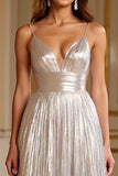 Metallic Glitter V-Neck Pleated A Line Long Prom Dress
