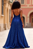 Sparkly Dark Blue A Line Sequined Long Prom Dress with Slit