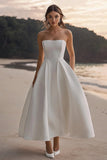 Simple A Line Satin Strapless White Long Graduation Dress