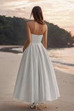 Simple A Line Satin Strapless White Long Graduation Dress