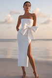 White Sheath Satin Strapless Bowknot Tea Length Graduation Dress with Slit