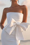 White Sheath Satin Strapless Bowknot Tea Length Graduation Dress with Slit