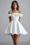 A Line Satin Off the Shoulder White Short Graduation Dress with Ruffles