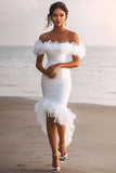 White Sheath Off the Shoulder Ruched Graduation Dress with Ruffles