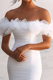 White Sheath Off the Shoulder Ruched Graduation Dress with Ruffles