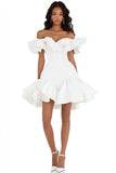 Cute White Satin Off the Shoulder Short Graduation Dress with Ruffles