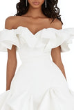 Cute White Satin Off the Shoulder Short Graduation Dress with Ruffles