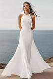 White Halter Neck Sleeveless A Line Chiffon Long Graduation Dress