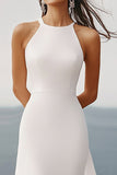 White Halter Neck Sleeveless A Line Chiffon Long Graduation Dress