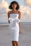 White Bodycon Satin Strapless Knee Length Graduation Dress with Bow