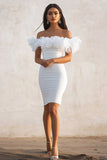 White Bodycon Satin Off the Shoulder Midi Graduation Dress with Ruffles