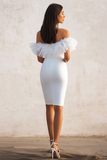 White Bodycon Satin Off the Shoulder Midi Graduation Dress with Ruffles