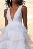 Cute White A Line Tulle Tiered V-Neck Long Graduation Dress