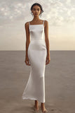 Simple White Sheath Satin Spaghetti Straps Long Graduation Dress