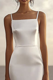 Simple White Sheath Satin Spaghetti Straps Long Graduation Dress