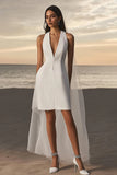 White Bodycon Satin V-Neck Short Graduation Dress with Detachable Tulle