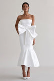 White Mermaid Strapless Satin Long Graduation Dress with Bowknot