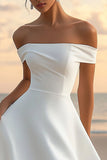 White A Line Satin Off the Shoulder Short Flowy Graduation Dress