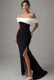 Off the Shoulder Black White Sheath Satin Long Black Tie Dress with Slit