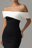 Off the Shoulder Black White Sheath Satin Long Black Tie Dress with Slit