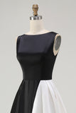 Black White Boat Neck Sleeveless A Line Maxi Black Tie Dress