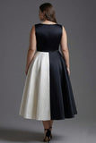 Black White Sleeveless Boat Neck A Line Long Black Tie Dress