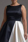 Black White Sleeveless Boat Neck A Line Long Black Tie Dress