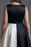 Black White Boat Neck Sleeveless A Line Maxi Black Tie Dress