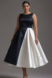 Black White Sleeveless Plus Size Boat Neck A Line Long Black Tie Dress