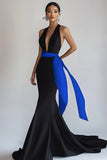 Black Mermaid Long Deep V-Neck Black Tie Dress with Sash
